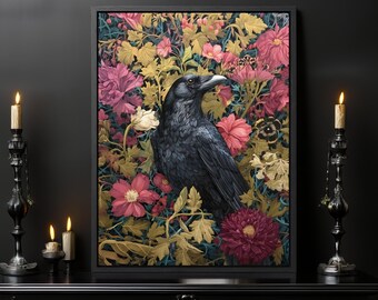 Rabe Illustration mit Blumen Druck Illustration mystisch Gothic Natur Kunstwerk Rabe Liebhaber Geschenk Home Decor