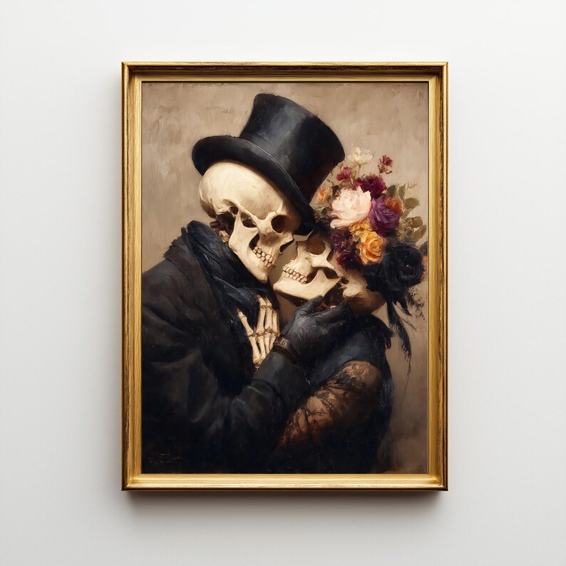 May include: A framed wall art print depicting two skeletons in an embrace. One skeleton wears a black top hat and coat, while the other is adorned with a vibrant bouquet of multi-colored flowers including pink, yellow, and purple blooms.