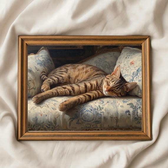 Sleeping Cat Art Print, Cozy Tabby Cat Painting, Farmhouse Feline Wall Art, Vintage Aesthetic Whimsical Cottagecore Print for Cat Lovers