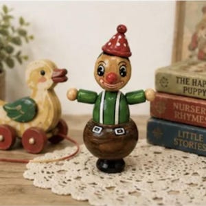Vintage Hand-Painted Wooden Roly Poly Clown Toy – Folk Art Wobbler Nursery Decor