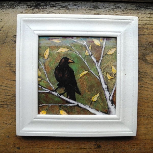 Framed picture giclee print of crow on birch tree - The Golden Hour