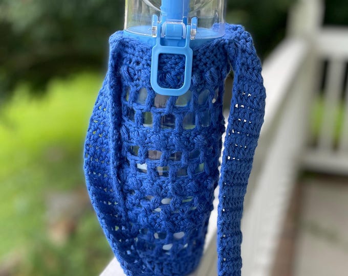 Crochet Cotton Water Bottle Tote Holder Blue