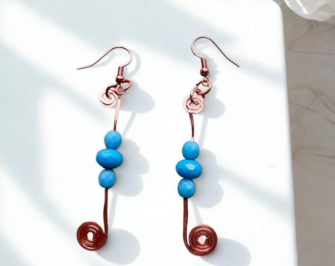 Wire Wrapped Hammered Copper Spiral Earrings with Turquoise Glass Beads