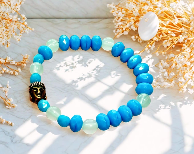 Turquoise Glass Rondelle Beads Elastic Bracelet With Copper Buddha Head
