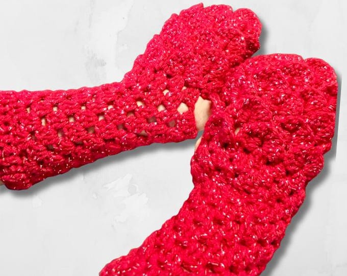 Crocheted Dragon Scale Fingerless Gloves, Red Sparkle Mermaid Mitts
