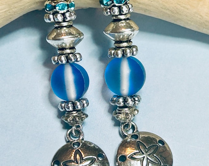 Sand Dollar Blue Mermaid Bead Dangle Earrings