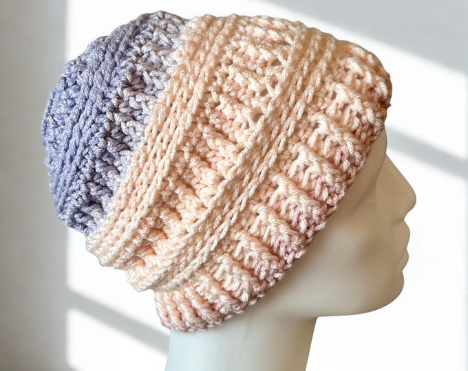 Crochet Messy Bun Hat With Elastic-Pink and Purple