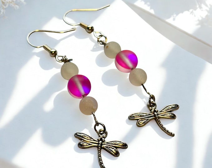 Dragonfly Dangle Earrings with Mermaid Aurora Beads