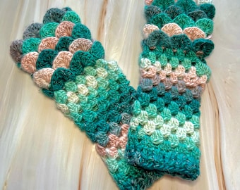 Crocheted Dragon Scale Fingerless Gloves – Mermaid Inspired Ocean Wrist Warmers