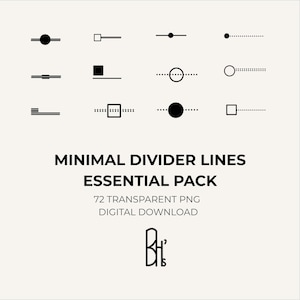May include: A selection of minimalist black divider lines, including circles, squares, and dashes, set against a cream backdrop. The text states "MINIMAL DIVIDER LINES ESSENTIAL PACK" and "72 TRANSPARENT PNG DIGITAL DOWNLOAD".
