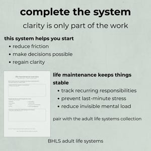 K&ouml;nnte beinhalten: Eine Grafik mit dem Text "complete the system" und "clarity is only part of the work". Der Text listet M&ouml;glichkeiten auf, wie das System hilft, einschlie&szlig;lich der Reduzierung von Reibung und der Wiedererlangung von Klarheit. Ein Abschnitt mit dem Titel "life maintenance" ist ebenfalls enthalten.