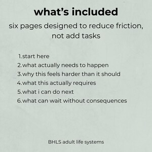 K&ouml;nnte beinhalten: Eine hellgr&uuml;ne Grafik mit dem Text "what's included" oben. Der Text darunter lautet "sechs Seiten, die Reibung reduzieren sollen, keine Aufgaben hinzuf&uuml;gen". Die Grafik listet sechs Schritte auf, mit dem Text "BHLS adult life systems" unten.