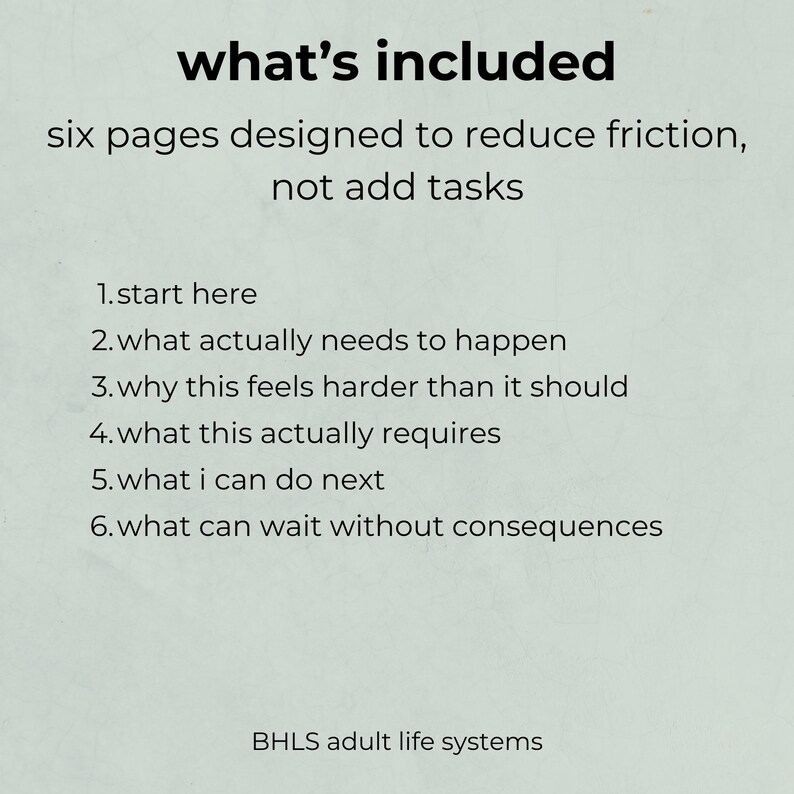 K&ouml;nnte beinhalten: Eine hellgr&uuml;ne Grafik mit dem Text "what's included" oben. Der Text darunter lautet "sechs Seiten, die Reibung reduzieren sollen, keine Aufgaben hinzuf&uuml;gen". Die Grafik listet sechs Schritte auf, mit dem Text "BHLS adult life systems" unten.