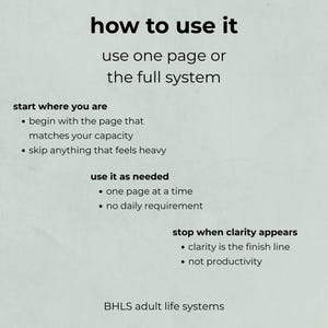 K&ouml;nnte beinhalten: Eine Grafik mit dem Text "how to use it" und Anweisungen f&uuml;r ein System. Die Anweisungen umfassen den Start, wo Sie sich befinden, die Verwendung nach Bedarf und das Anhalten, wenn Klarheit eintritt. Der Text ist schwarz auf hellem Hintergrund. Der untere Teil der Grafik lautet "BHLS adult life systems."