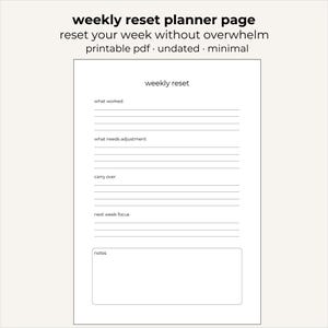 May include: A white printable PDF planner page with the text "weekly reset planner page" at the top. The page includes sections for "what worked," "what needs adjustment," "carry over," "next week focus," and "notes."