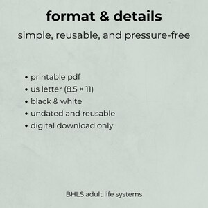 K&ouml;nnte beinhalten: Hellgr&uuml;ner Hintergrund mit dem Text "format & details" in Schwarz. Aufz&auml;hlungspunkte listen "druckbares PDF", "US-Letter (8,5 &times; 11)", "Schwarz & Wei&szlig;", "undatiert und wiederverwendbar" und "nur digitaler Download" auf. Der Text "simple, reusable, and pressure-free" ist ebenfalls vorhanden.