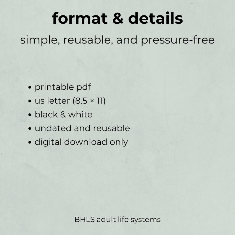 K&ouml;nnte beinhalten: Hellgr&uuml;ner Hintergrund mit dem Text "format & details" in Schwarz. Aufz&auml;hlungspunkte listen "druckbares PDF", "US-Letter (8,5 &times; 11)", "Schwarz & Wei&szlig;", "undatiert und wiederverwendbar" und "nur digitaler Download" auf. Der Text "simple, reusable, and pressure-free" ist ebenfalls vorhanden.