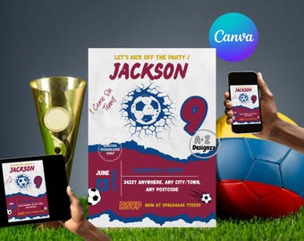Red Blue Soccer Birthday Invitation Template | Editable Canva Football Party Invite (Digital Download)