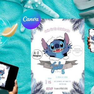 Blue Stitch Birthday Invitation: Editable Cartoon Party Invite (DIY Printable PDF Canva Template
