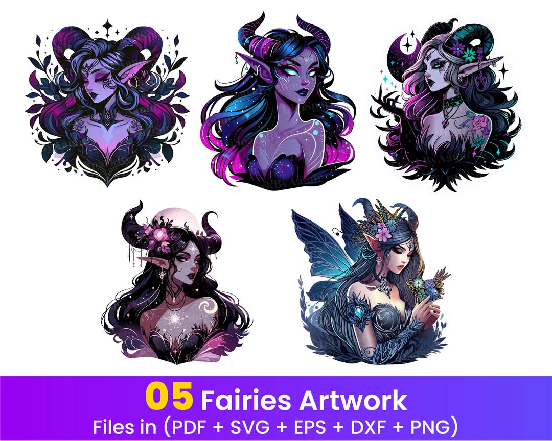 Pack of 5 Devil Fairies Svg Bundle Printable Fairy Clipart
