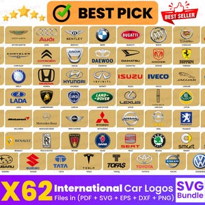 International Car Logo Svg Bundle Pack of 62 High quality american branded Car Logos Svg collection of car emblems Automobile Logo Vectors