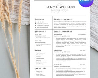 May include: A resume template for Tanya Wilson, a Marketing Manager. The document is white with black text, featuring sections for contact information, education, skills, and work experience. The Canva logo is in the upper right corner.