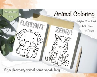 May include: Two coloring pages featuring cartoon animals, an elephant and a zebra, with the words "ELEPHANT" and "ZEBRA" above the images. The words "Animal Coloring" are at the top, with "Digital Download", "PDF Files", and "3 Pages" listed below.