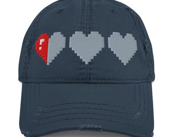 Low HP Gamer Distressed Cotton Hat – Pixel Heart Embroidered Dad Cap for Retro Gamers