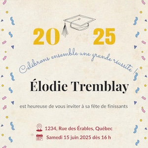 Invitation numérique fête de finissants 2025 – invitation graduation personnalisable
