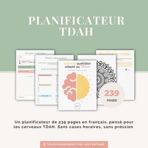 Peut inclure: Un planificateur TDAH numérique de 239 pages, avec une couverture illustrée d'un cerveau et d'un soleil. Il contient des modèles comme le menu dopamine, l'aide à la décision et la routine du matin, présentés dans des tons pastel doux.