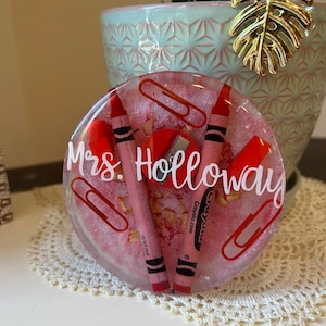 Personalized Teacher Appreciation Coaster – Handmade Gift with Crayons, Pencil Shavings & Eraser – End of Year Gift for Teachers
