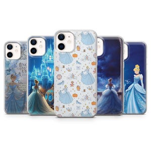 May include: Five different phone cases featuring Cinderella. The cases are all clear and show different images of Cinderella, including a pattern of her dress, a scene from the movie, and a close-up of her face.