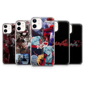May include: A collection of phone cases featuring anime-style illustrations. The cases display various characters in action poses, with vibrant colors and detailed artwork. Some cases have text that reads "Devil May Cry".