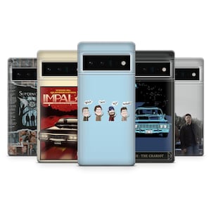 May include: A collection of phone cases featuring designs inspired by the TV show Supernatural. The cases display various graphics, including the show's logo, a classic car, and character illustrations with phrases like "Bitch" and "Jerk."