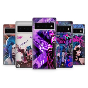 May include: Five phone cases with colourful illustrations of a character with blue hair. The designs include the text "BOOM" and "YOU'RE A JINX". The cases feature a range of poses and styles, with a colour scheme of purple, blue, and pink.