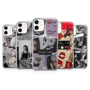 Könnte beinhalten: Eine Sammlung von Handyhüllen mit einem Collage-Design mit Bildern eines Popstars. Die Hüllen haben eine Vielzahl von Designs, darunter Text mit der Aufschrift "Thank U, Next" und andere Grafiken. Die Hüllen sind in verschiedenen Farben.