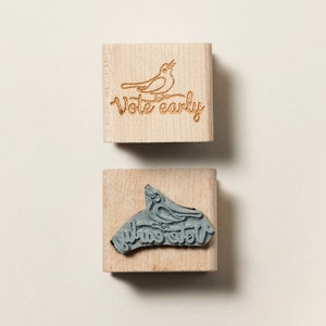 Vote Early with a cute little bird. A rubber stamp for your get-out-the-vote postcard campaigns like Postcards To Voters.