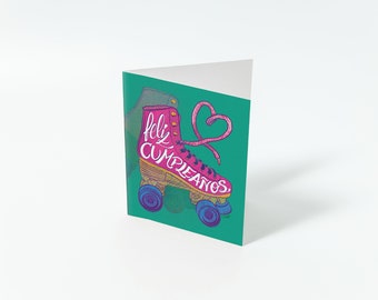 Feliz Cumpleaños! A cheerful and colorful greeting card with a pink roller skate that's perfect for wishing someone a happy birthday!