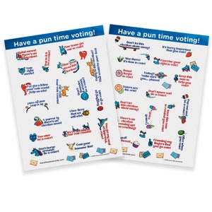Amusez-vous bien à voter ! Stickers politiques avec beaucoup de jeux de mots sur les élections, parfaits pour vos cartes postales, pour écrire à vos représentants ou pour faire voter