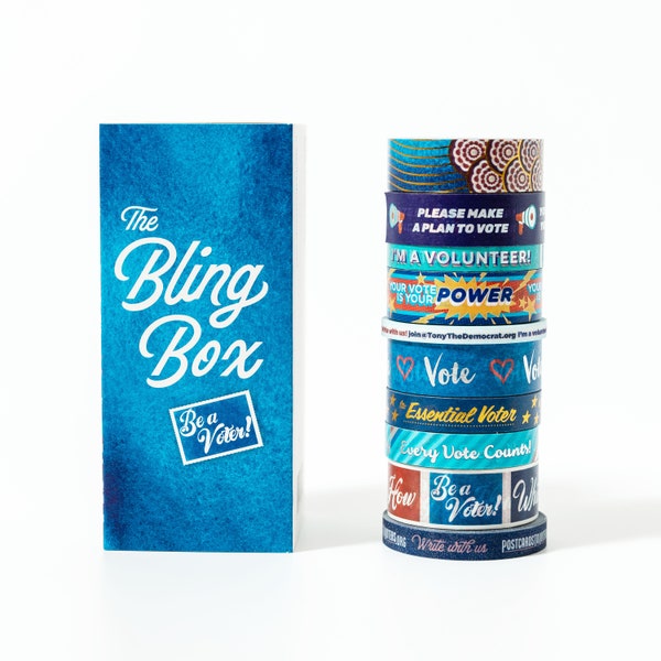 The Bling Box Washi Tape Set, full of shiny designs that are perfect for decorating Postcards to Voters & Get Out the Vote Writing Campaigns