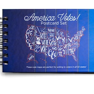 L'Amérique vote ! / Lot de 50 dans un livre / Idéal pour écrire pour des cartes postales aux électeurs. Allez voter / Oeuvre d'art originale / Carte des États-Unis