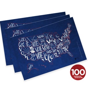 Set of 100 "Vote" US map postcards, perfect for Postcards to Voters and other get out the vote campaigns.