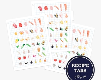 Pestañas para carpeta de recetas, juego de 10 separadores con etiquetas, pestañas de índice, organizador de recetas y cocina, accesorios para carpeta, productos coloridos, día de mercado