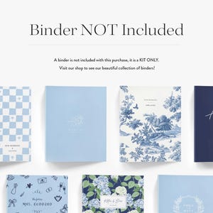 K&ouml;nnte beinhalten: Eine Sammlung von Hochzeitsbriefpapier-Sets mit verschiedenen Designs. Die Sets umfassen hellblaue, marineblaue und gemusterte Umschl&auml;ge. Der Text "Binder NOT Included" steht oben, mit zus&auml;tzlichem Text darunter.