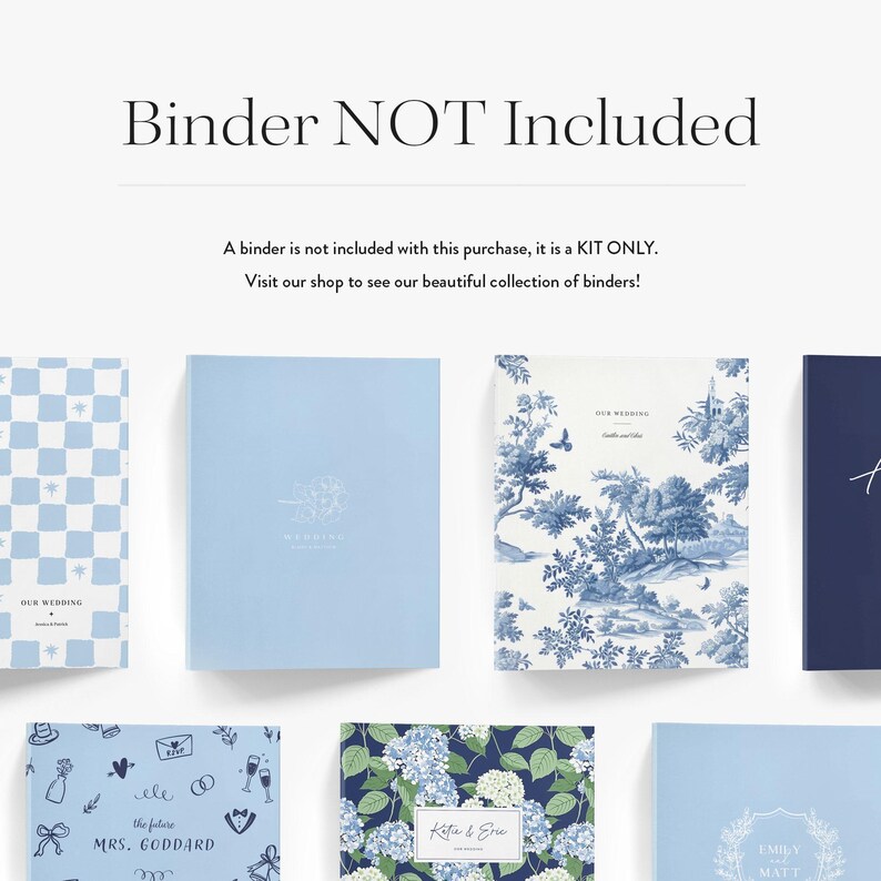 K&ouml;nnte beinhalten: Eine Sammlung von Hochzeitsbriefpapier-Sets mit verschiedenen Designs. Die Sets umfassen hellblaue, marineblaue und gemusterte Umschl&auml;ge. Der Text "Binder NOT Included" steht oben, mit zus&auml;tzlichem Text darunter.