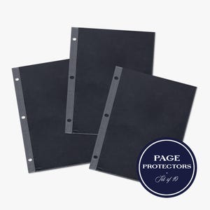 May include: A set of ten black page protectors, each featuring a clear reinforced strip along the left side with three pre-punched holes for binder storage. The text on the circular badge reads PAGE PROTECTORS Set of 10.