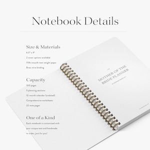 May include: A white spiral-bound notebook titled The Mother of the Bride Planner by Keepsake Paper Co. with brass wire binding. The text lists specifications including 6.5 inch by 9 inch size, 100 pages, 5 planning sections, a 12-month calendar, worksheets, and 22 note pages.