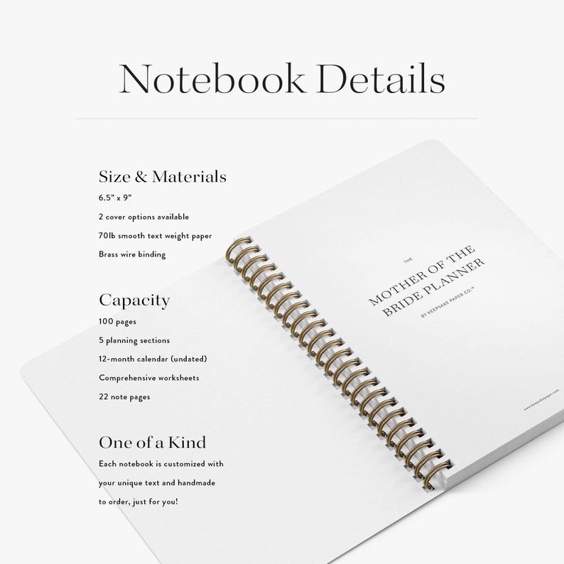 May include: A white spiral-bound notebook titled The Mother of the Bride Planner by Keepsake Paper Co. with brass wire binding. The text lists specifications including 6.5 inch by 9 inch size, 100 pages, 5 planning sections, a 12-month calendar, worksheets, and 22 note pages.