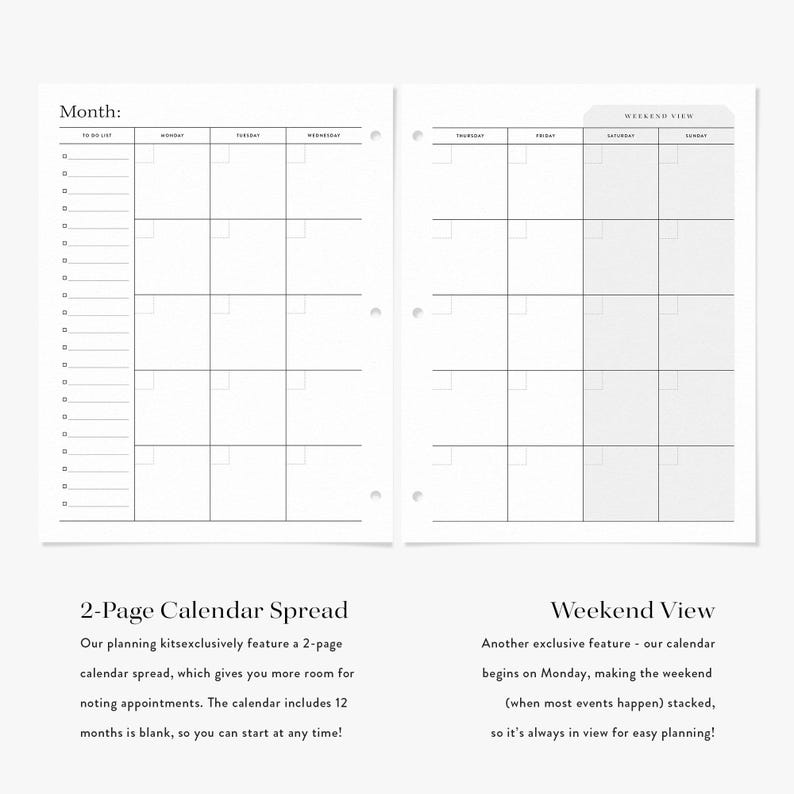 K&ouml;nnte beinhalten: Ein minimalistischer Kalender mit zwei Seiten. Die linke Seite dient der Monatsplanung mit einem Abschnitt "To Do List" und t&auml;glichen Spalten. Die rechte Seite zeigt eine "Wochenendansicht". Der Kalender ist undatiert.
