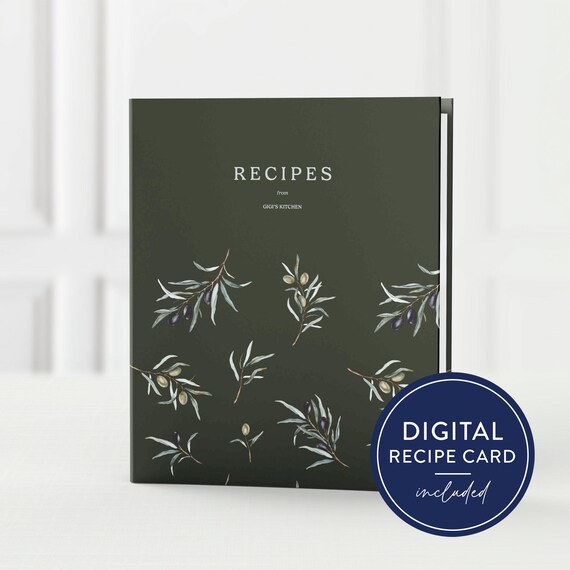Custom Recipe Binder, Personalized 3-Ring Binder w/ Digital Recipe Cards  for Kitchen Storage & Organization, Keepsake Cookbook, Olive Bunch